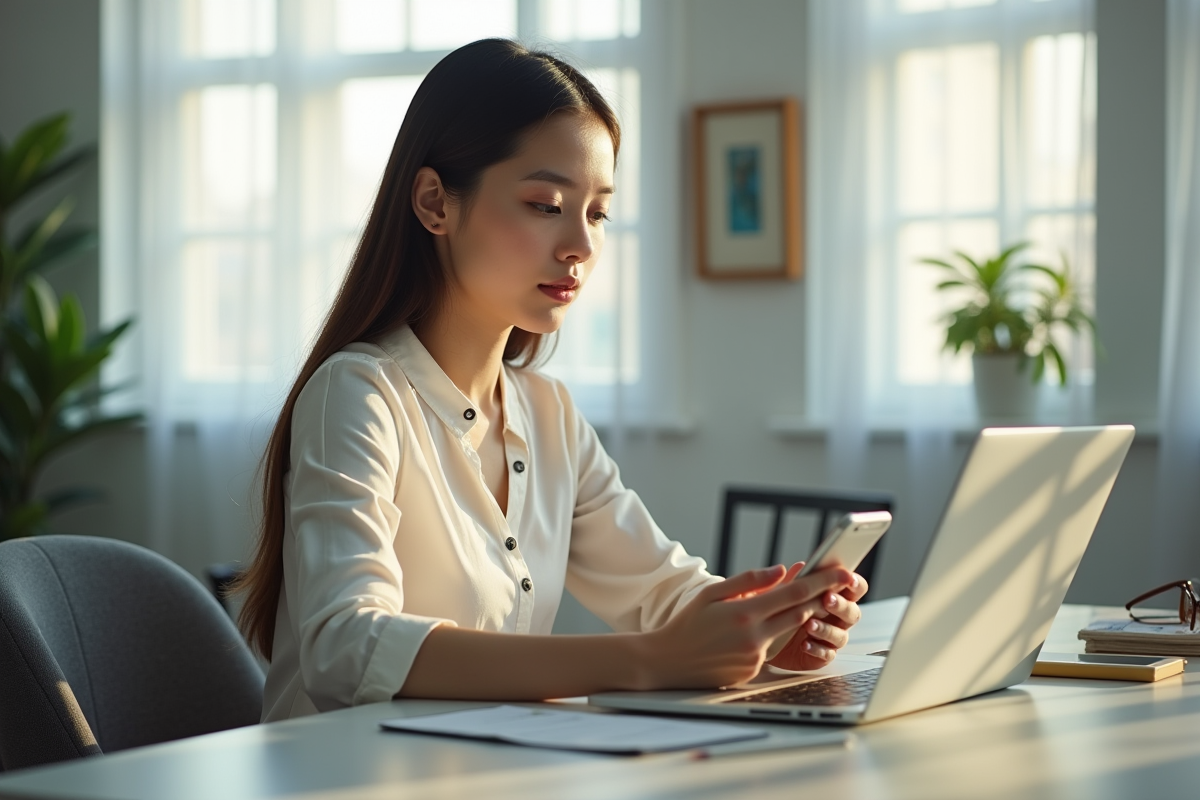 Jeune femme utilisant son ordinateur et smartphone pour vendre sur Vinted
