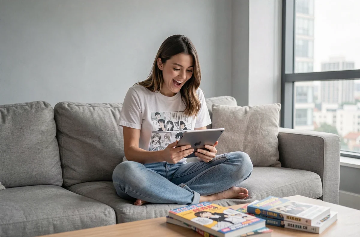 Jeune femme fan de One Piece consultant le scan VF du chapitre 1139 sur une tablette dans un salon moderne