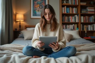 Jeune femme lisant manga sur tablette dans sa chambre cosy