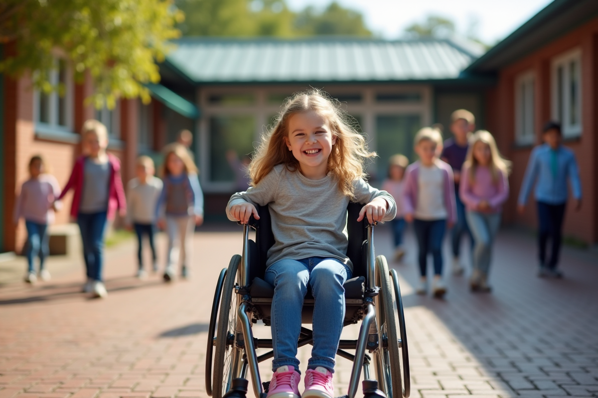 Jeune fille en fauteuil participe à une activité scolaire en extérieur