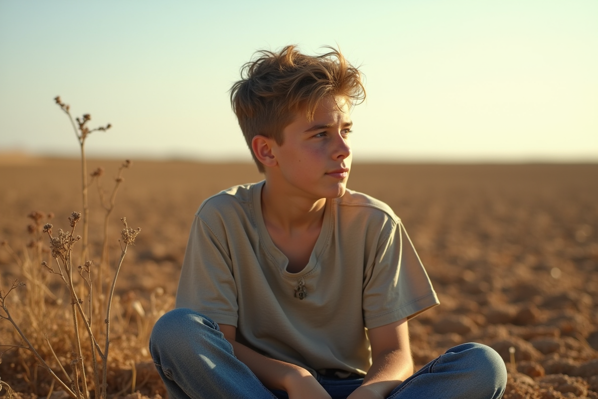 Jeune garçon dans un champ sec et aride regardant l