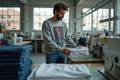Jeune homme inspectant des vêtements streetwear en atelier