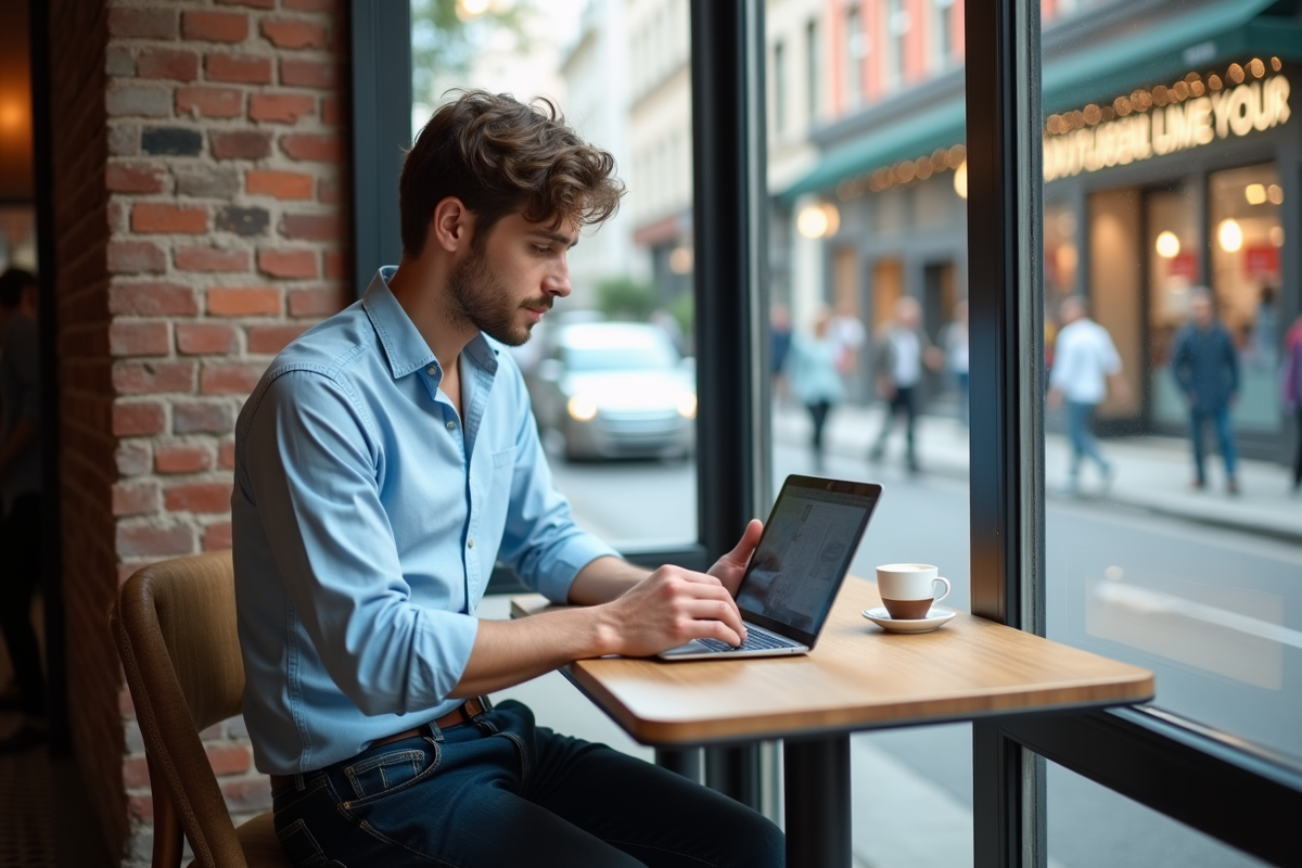 Jeune homme étudiant en ligne dans un café lumineux