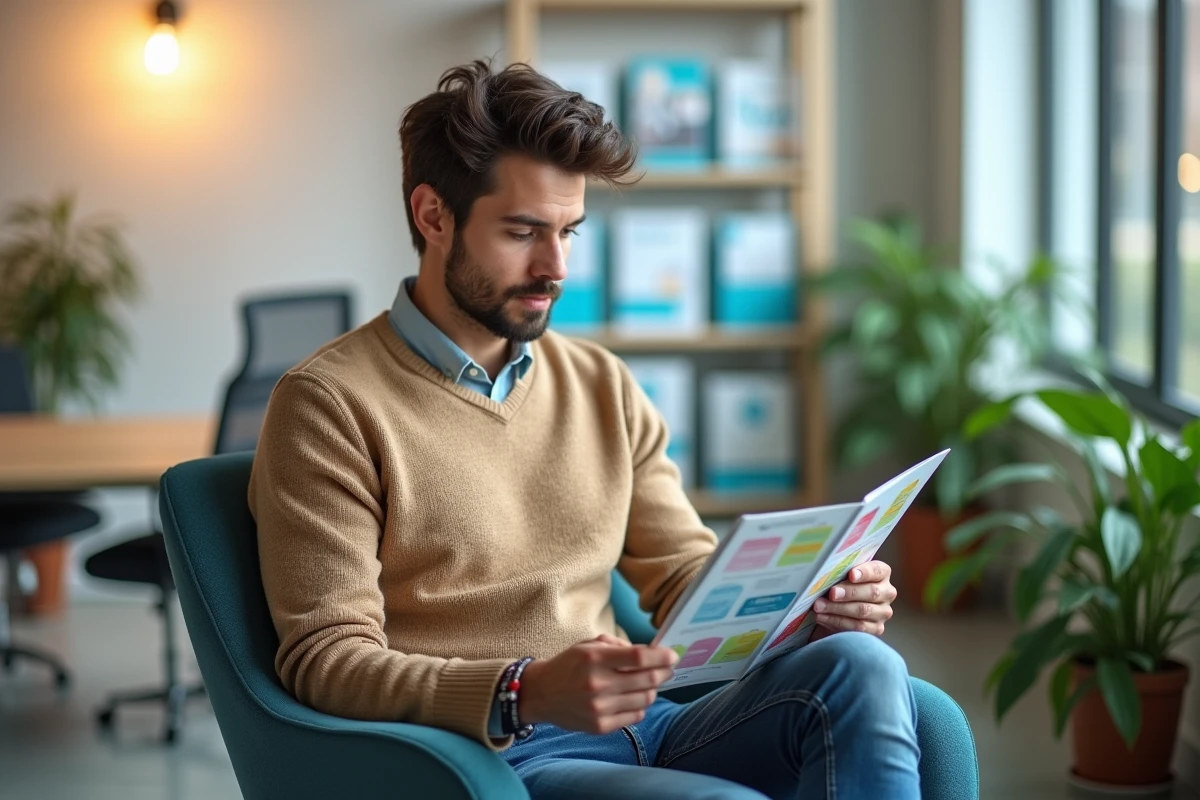 Jeune homme examinant brochure d