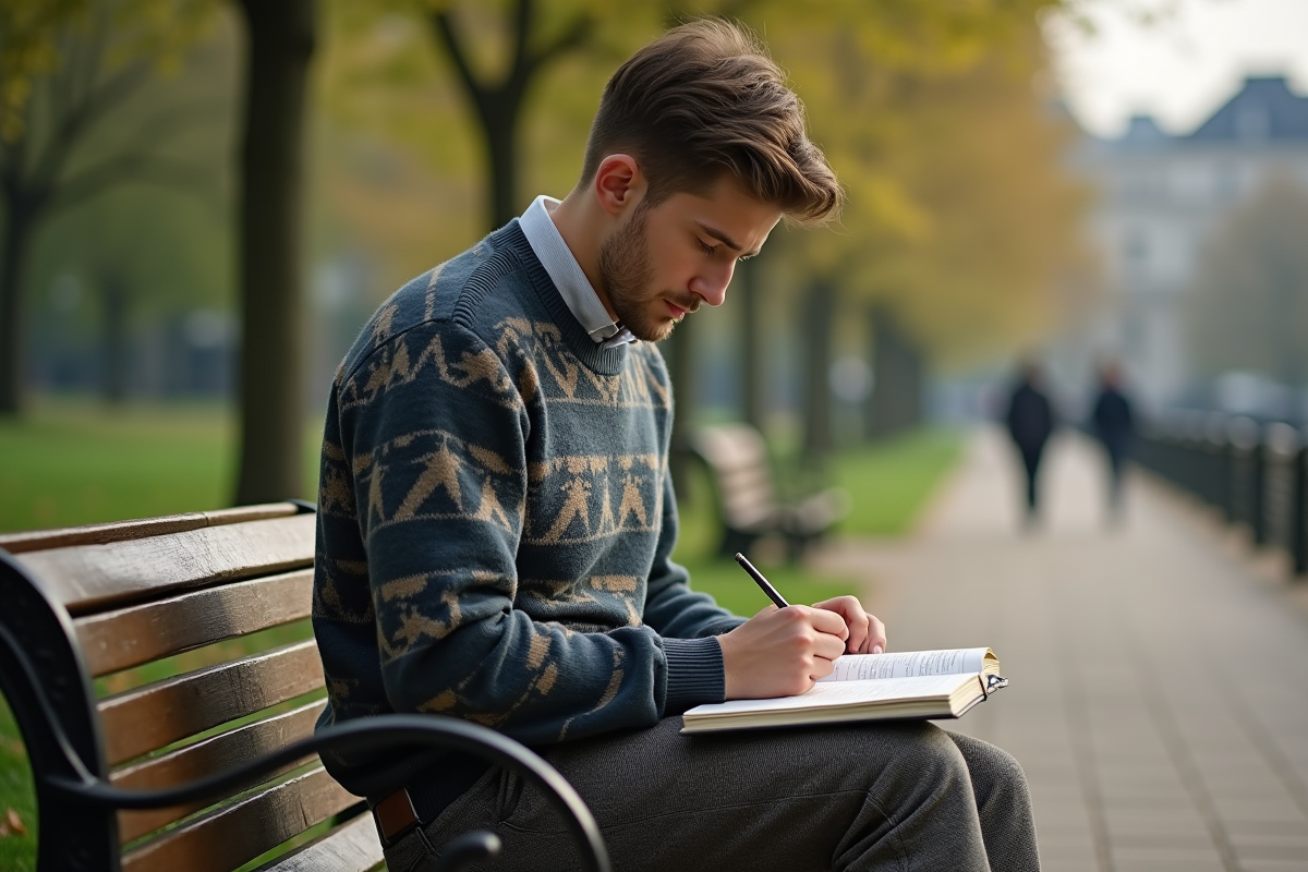 Jeune homme dessinant sur un banc dans un parc