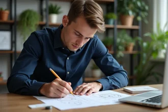 Jeune homme en bureau dessinant des schémas techniques