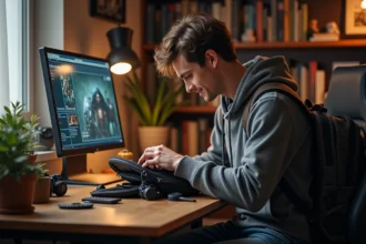 Jeune homme arrangeant accessoires de jeu fantasy sur un bureau