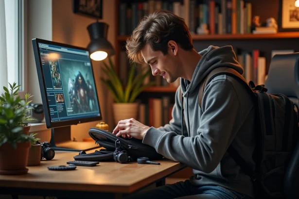 Jeune homme arrangeant accessoires de jeu fantasy sur un bureau