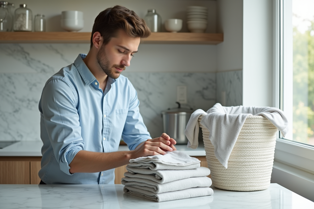 Jeune homme pliant des vêtements propres dans une cuisine moderne