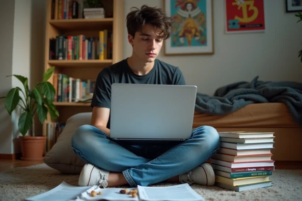Jeune homme lisant manga dans sa chambre cosy