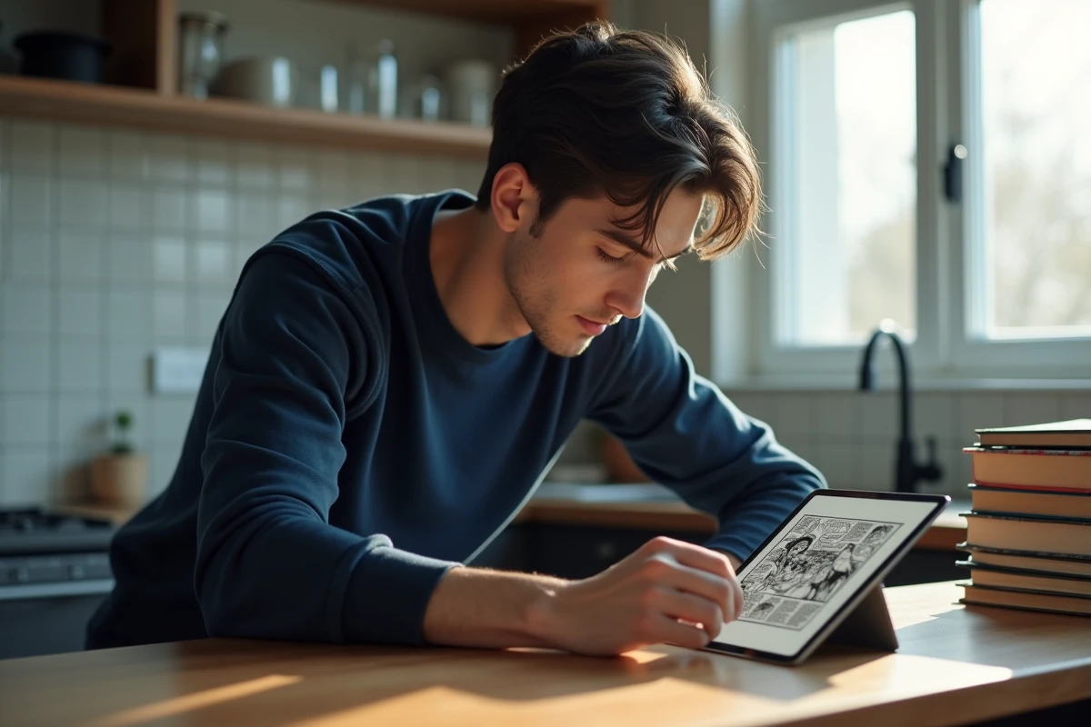 Jeune homme lisant un manga numérique sur tablette dans une cuisine moderne, découverte d'un site manga