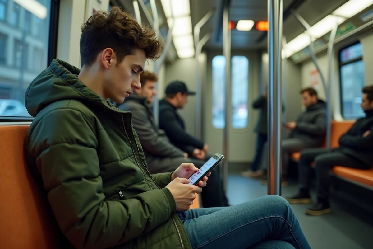 Jeune homme dans le métro de Toulouse utilisant son smartphone