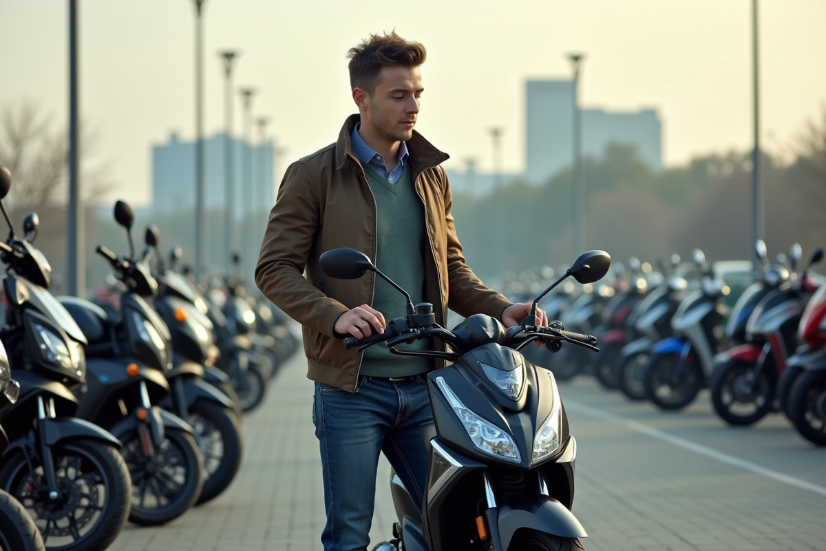 Jeune homme examinant une moto automatique Dax en concession