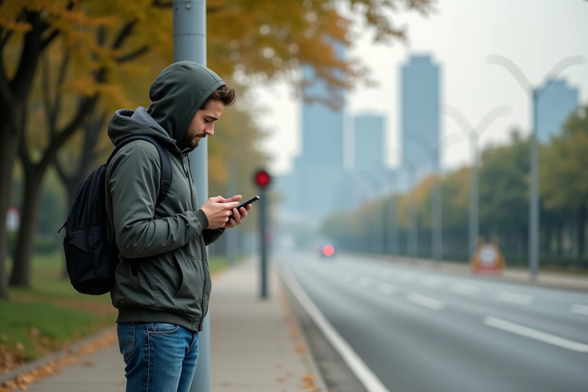 Jeune homme avec panneau de signalisation en ville