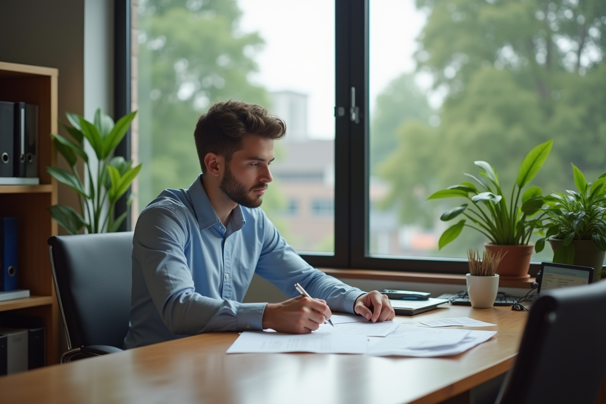 Jeune homme remplissant des papiers dans un bureau municipal