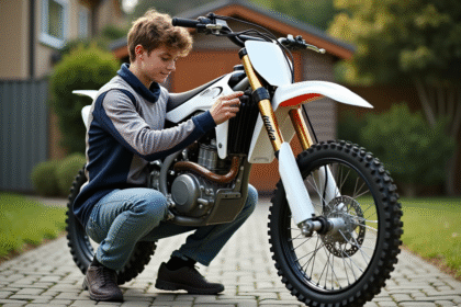 Jeune homme en motocross lubrifiant la chaîne de sa moto