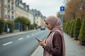 Jeune femme musulmane vérifiant l'heure de prière dans la rue