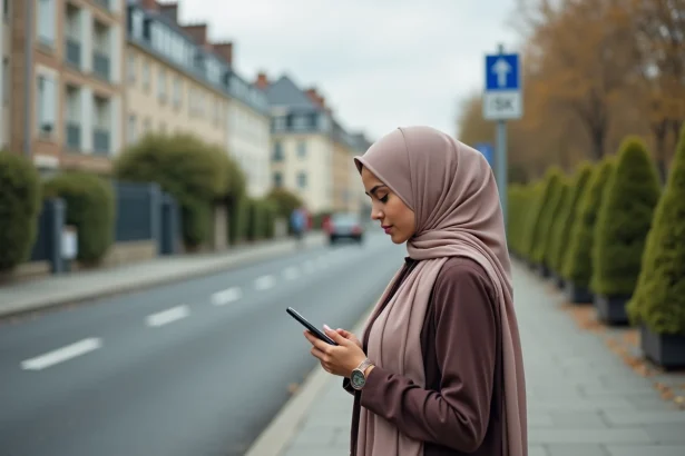 Jeune femme musulmane vérifiant l'heure de prière dans la rue