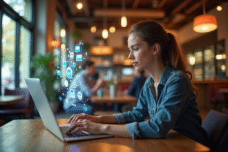 Jeune professionnel utilisant un ordinateur dans un café moderne et chaleureux