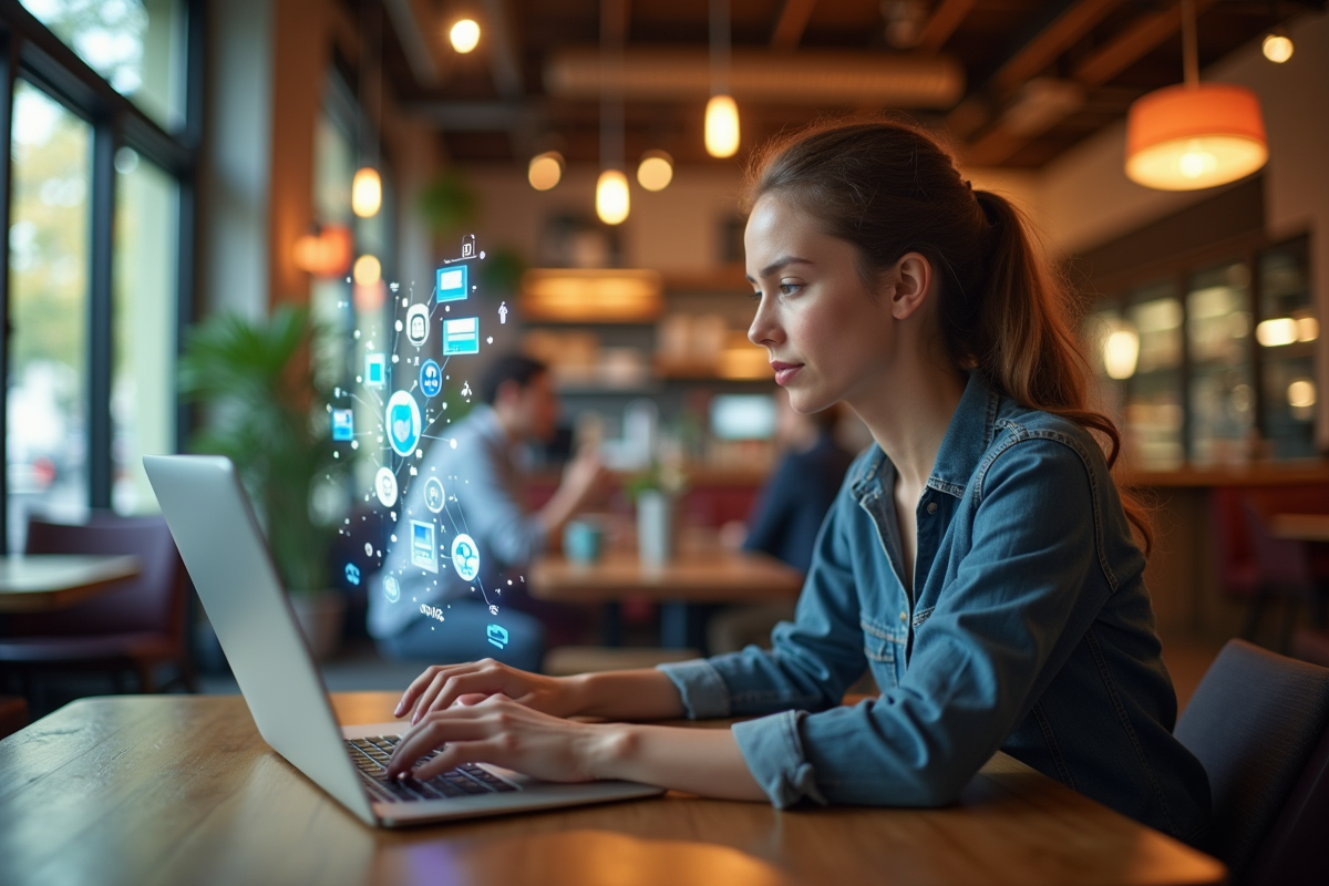 Jeune professionnel utilisant un ordinateur dans un café moderne et chaleureux