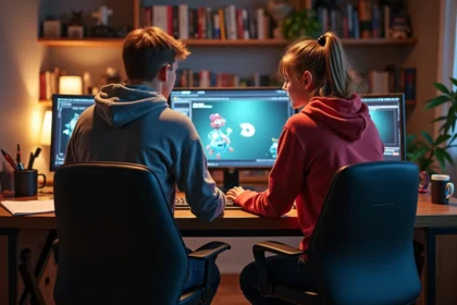 Deux jeunes adultes jouent à Dofus dans un bureau cosy