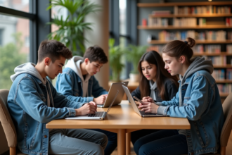 Groupe d'étudiants Gen Z dans une bibliothèque moderne