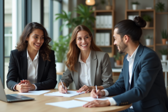Groupe de jeunes professionnels discutant au bureau