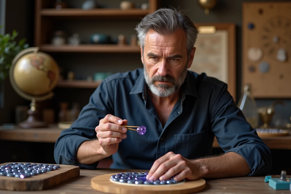 Joaillier examinant une pierre précieuse tanzanite violette dans un atelier avec des références astrologiques en arrière-plan