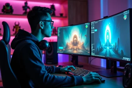 Joueur concentré devant ses écrans affichant une interface de jeu RPG avec portails et carte de respawn Dofus