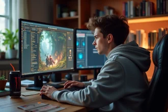 Joueur de MMORPG concentré devant ses écrans lors d'une session de farm intensif dans un jeu de rôle fantastique