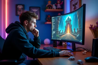 Joueur concentré devant son écran en train de naviguer dans les menus de quêtes d'un MMORPG fantastique avec portails de dimensions
