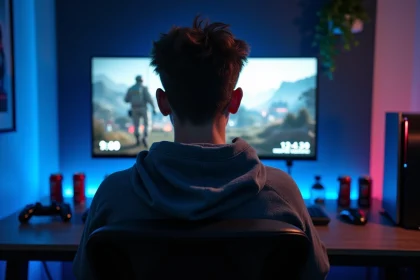 Joueur sur PS5 attendant la date de sortie de Battlefield 6 devant son écran gaming