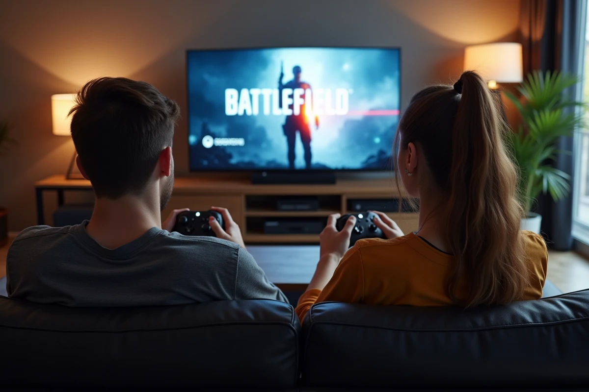 Deux joueurs Xbox Series X découvrant la date de sortie de BF6 dans un salon moderne