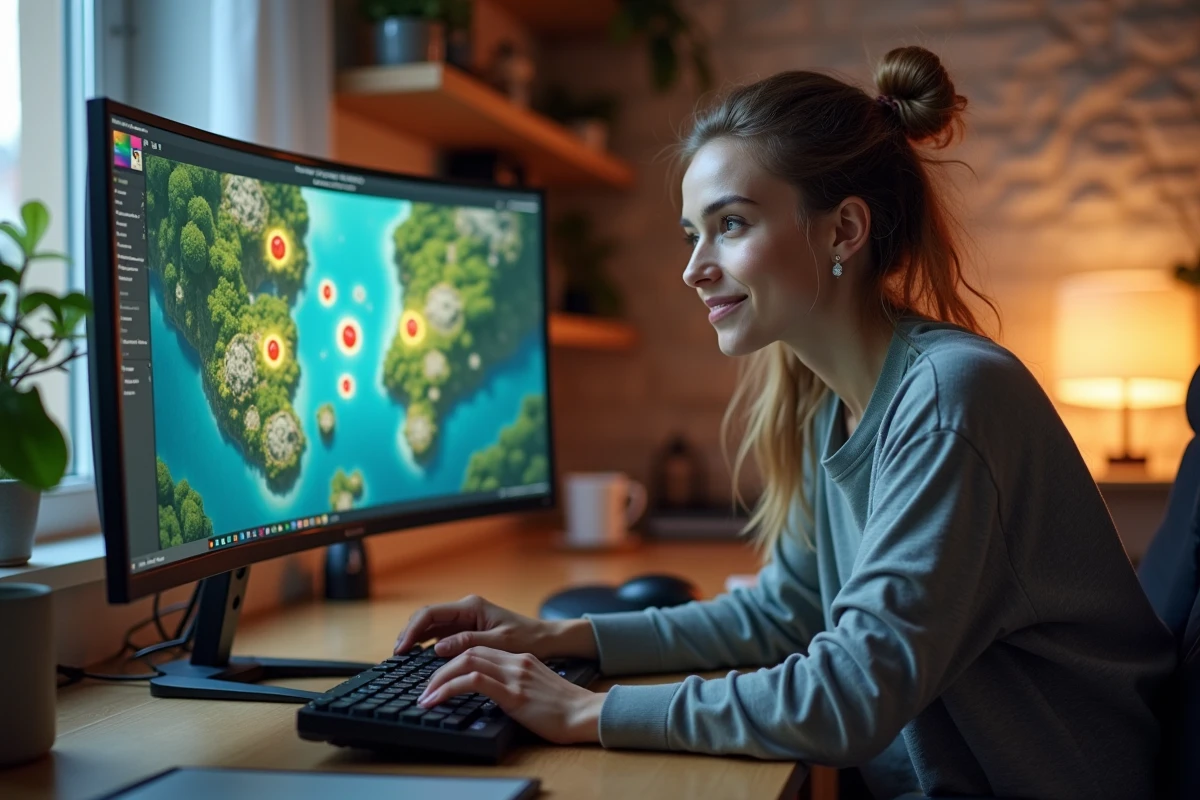 Joueuse analysant la carte de jeu Dofus avec positions de portails et zones de réapparition affichées à l'écran