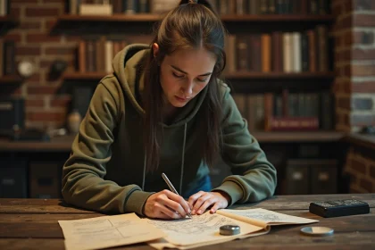 Joueuse concentrée étudiant des indices dans une salle d'escape game pour trouver la solution