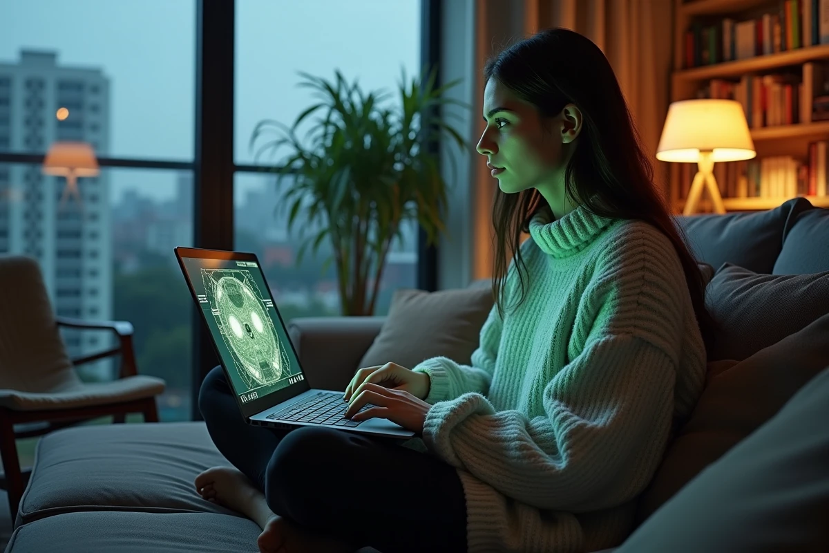 Joueuse sur son canapé avec un laptop affichant une carte de quêtes MMORPG avec des portails de dimensions colorés