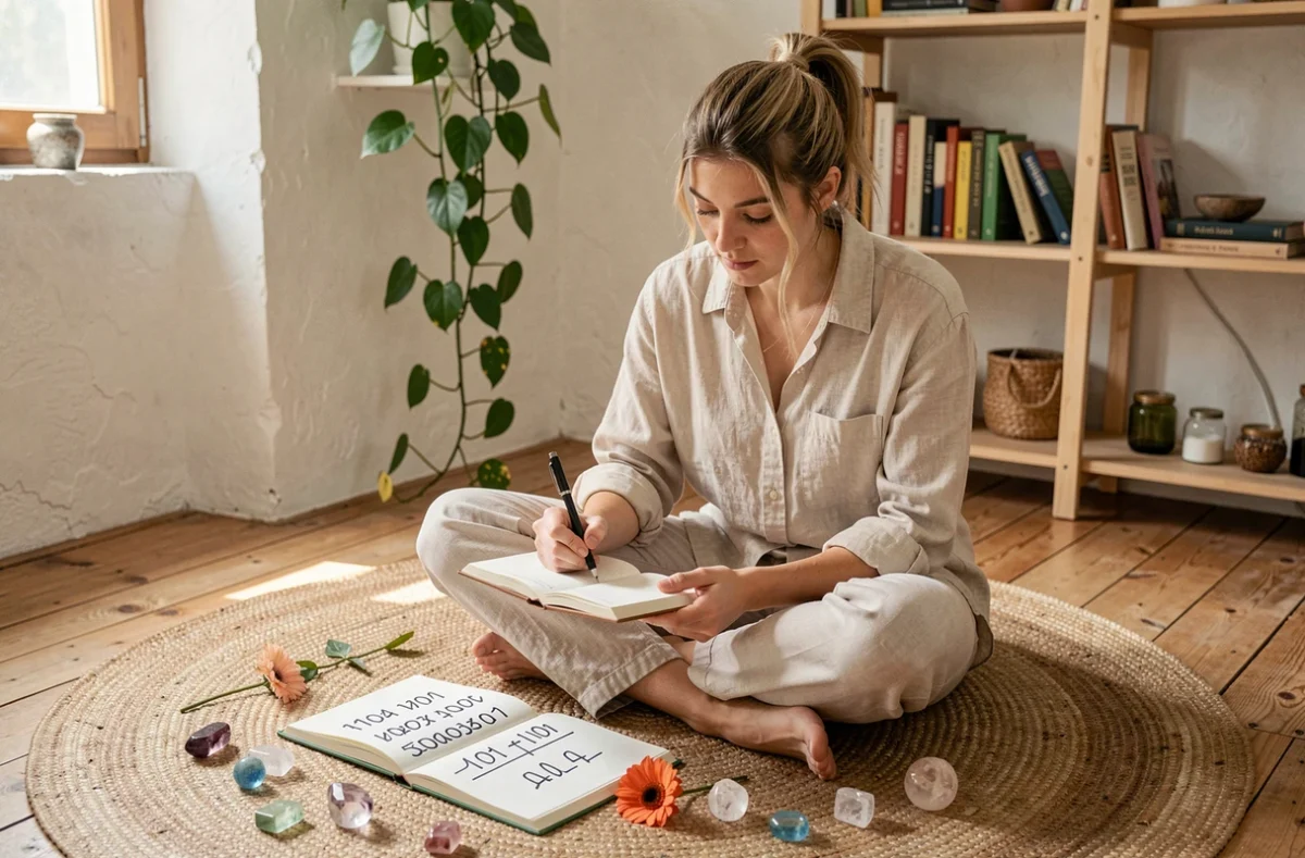 Jeune femme décodant les synchronicités numériques dans son journal intime entouré de cristaux
