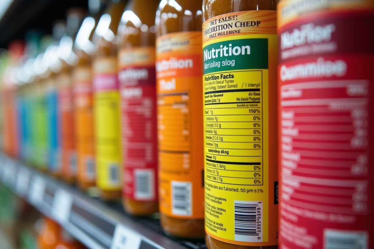 Gros plan sur étiquettes nutrition colorées sur produits en supermarche