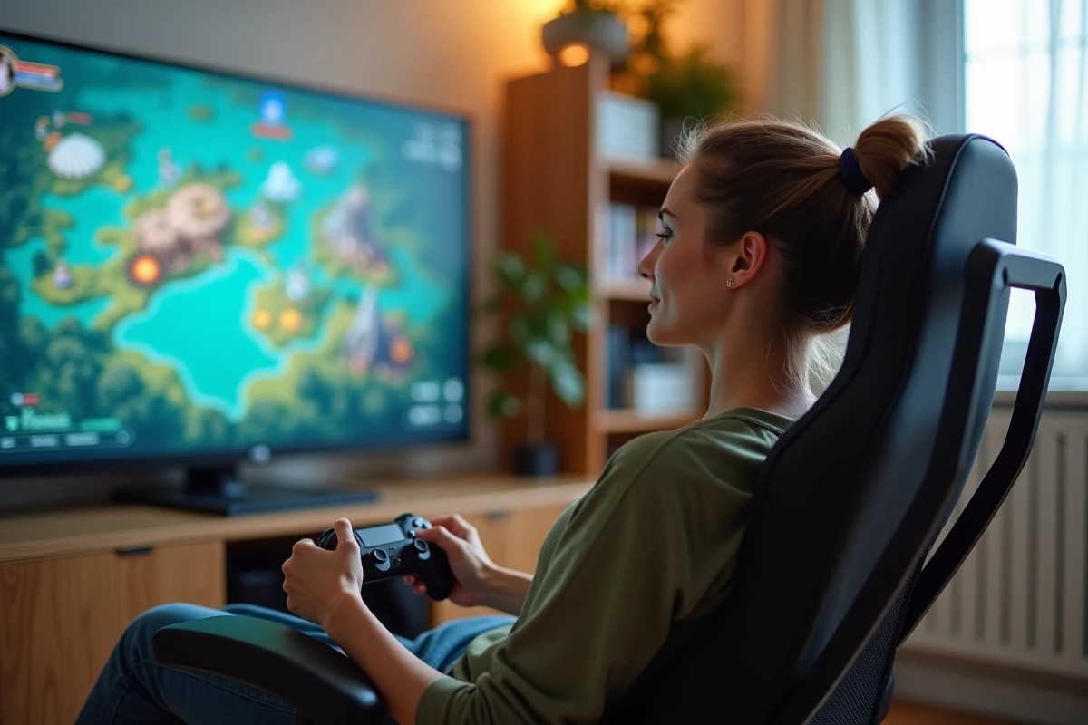 Joueuse ressentant la lassitude du farm répétitif dans un jeu de rôle en ligne, assise dans son salon devant une télévision