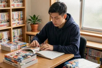 Jeune homme lisant un manga One Piece à son bureau entouré de volumes de mangas