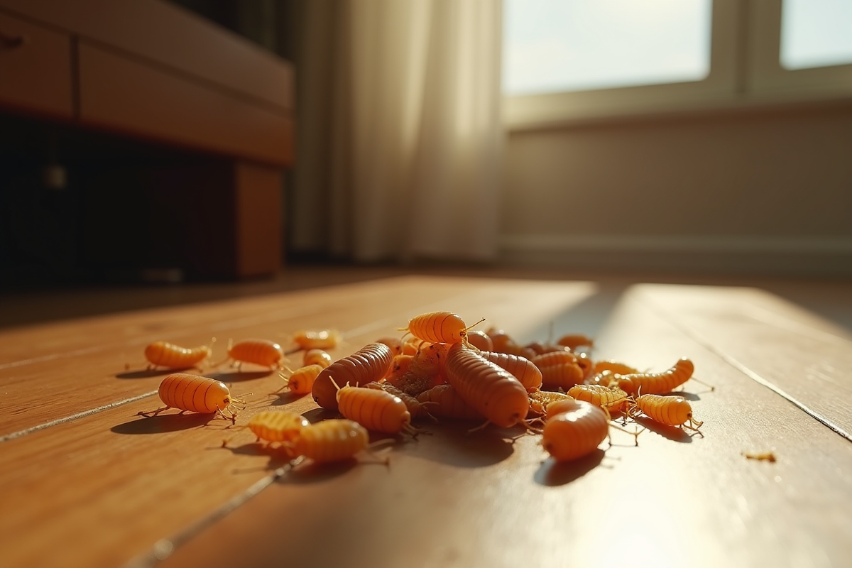 Maggots sur des déchets dans un coin lumineux du salon
