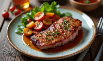 Magret de canard servi avec légumes colorés et sauce