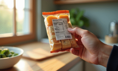 Main dans une cuisine moderne tenant un emballage alimentaire avec étiquette nutrition visible