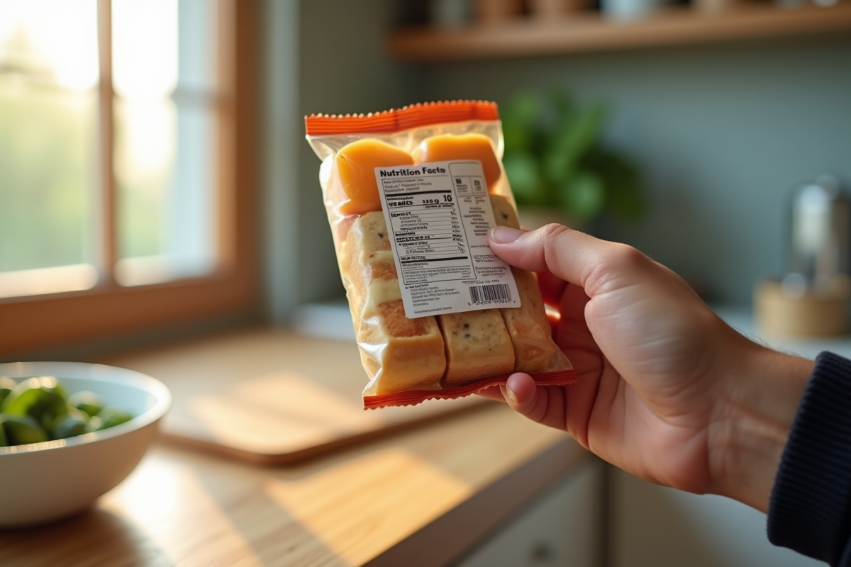 Main dans une cuisine moderne tenant un emballage alimentaire avec étiquette nutrition visible