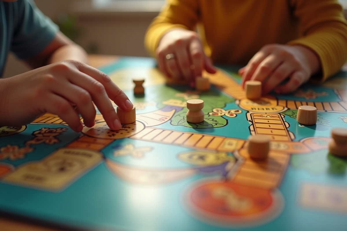 Zoom sur les mains d enfants manipulant des pièces sur un plateau de jeu coloré