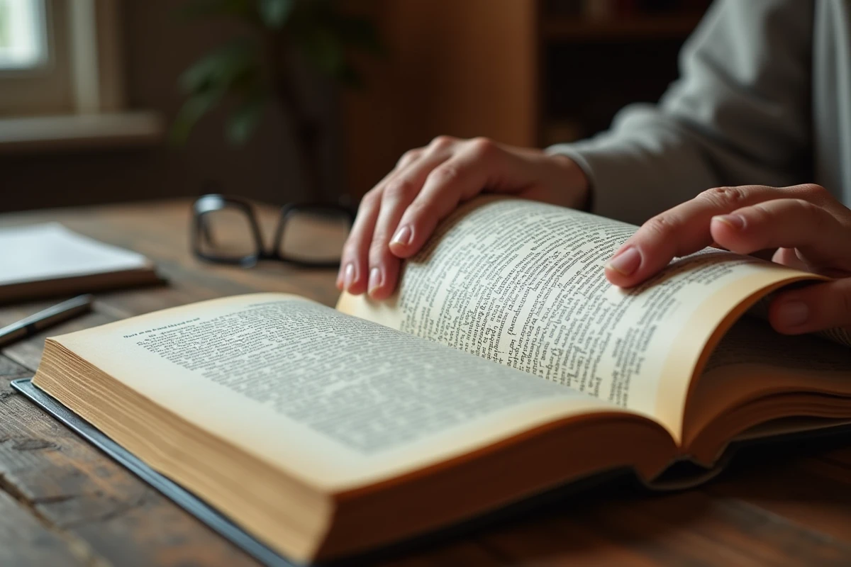 Gros plan sur des mains feuilletant un livre de généalogie avec une page Wikipédia imprimée pour recouper des informations sur des origines