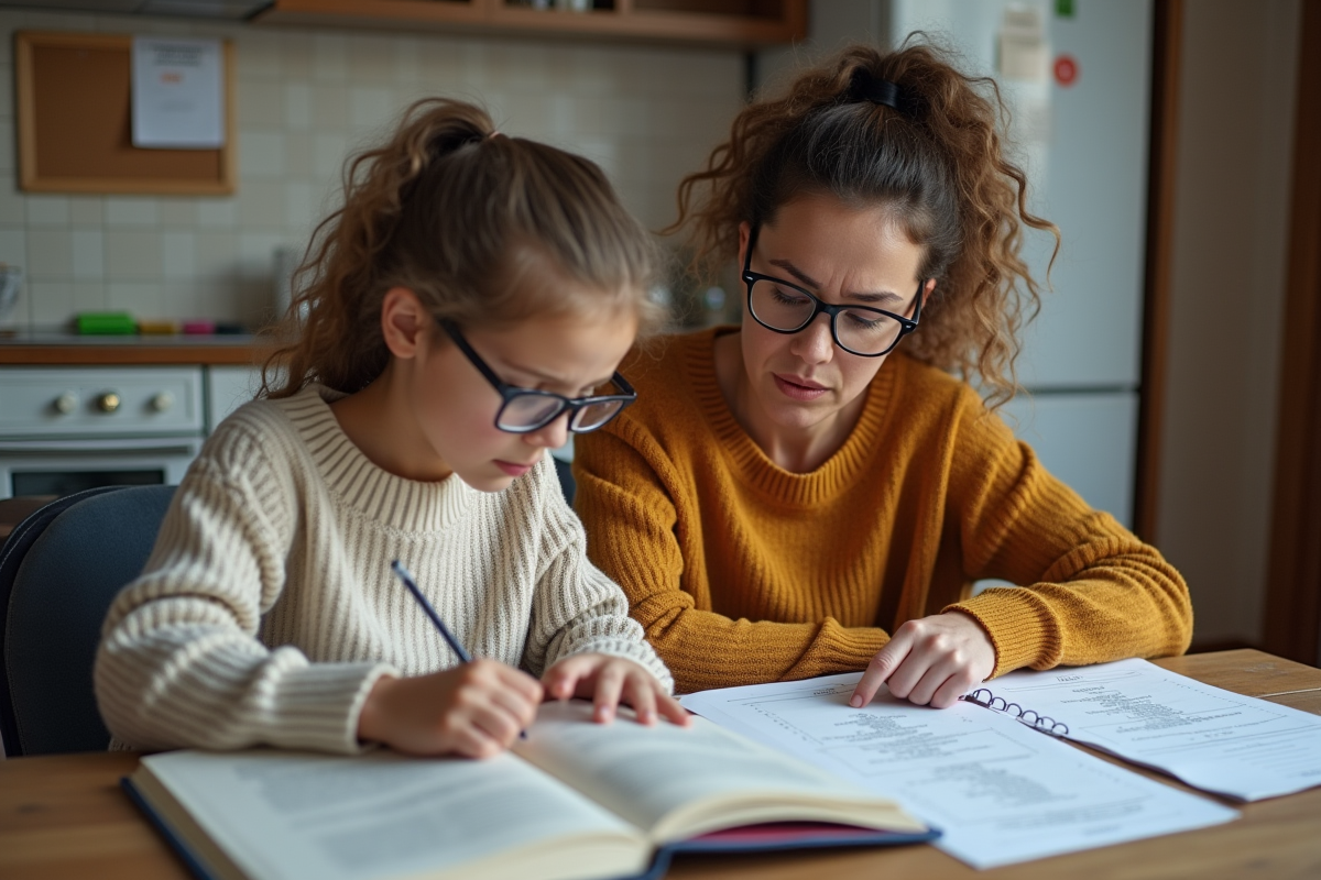 Mère aidant sa fille à faire ses devoirs à la maison