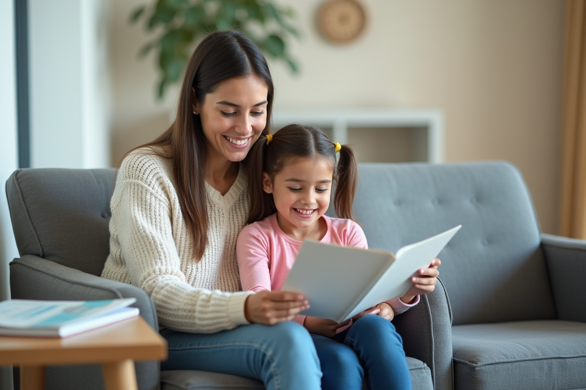 Maman et sa fille lisant une brochure dans un centre médical