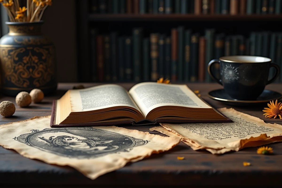 Bureau de lecture avec manga ouvert sur des illustrations de fantasy sombre, notes de théorie manuscrites et objets décoratifs sur bois sombre