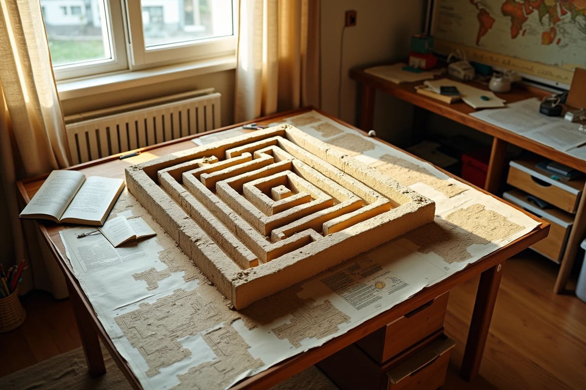 Maquette artisanale d'un labyrinthe crétois entourée de ressources documentaires pour un exposé scolaire sur le mythe du Minotaure